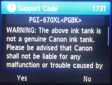 Canon Support Code 1731 Error Message